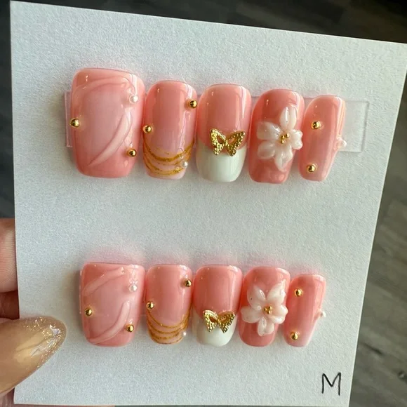 Peach Pink 3D Floral & Butterfly Press-On Nails - Picture 3 of 4